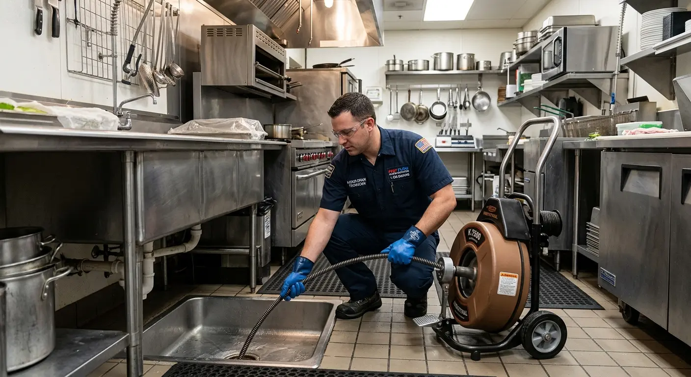 Commercial drain cleaning service in a restaurant kitchen in Globe