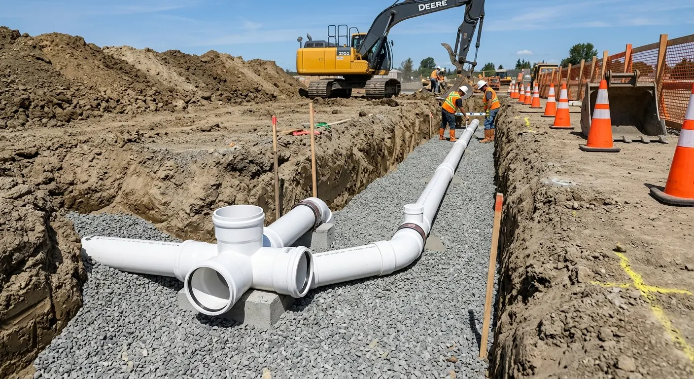 New PVC sewer pipe installation in open trench for Commercial Drain Cleaning in Globe