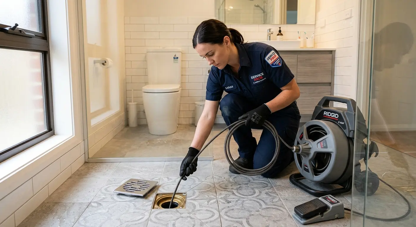 Technician clearing a bathroom floor drain for Sewer Line Replacement in Globe